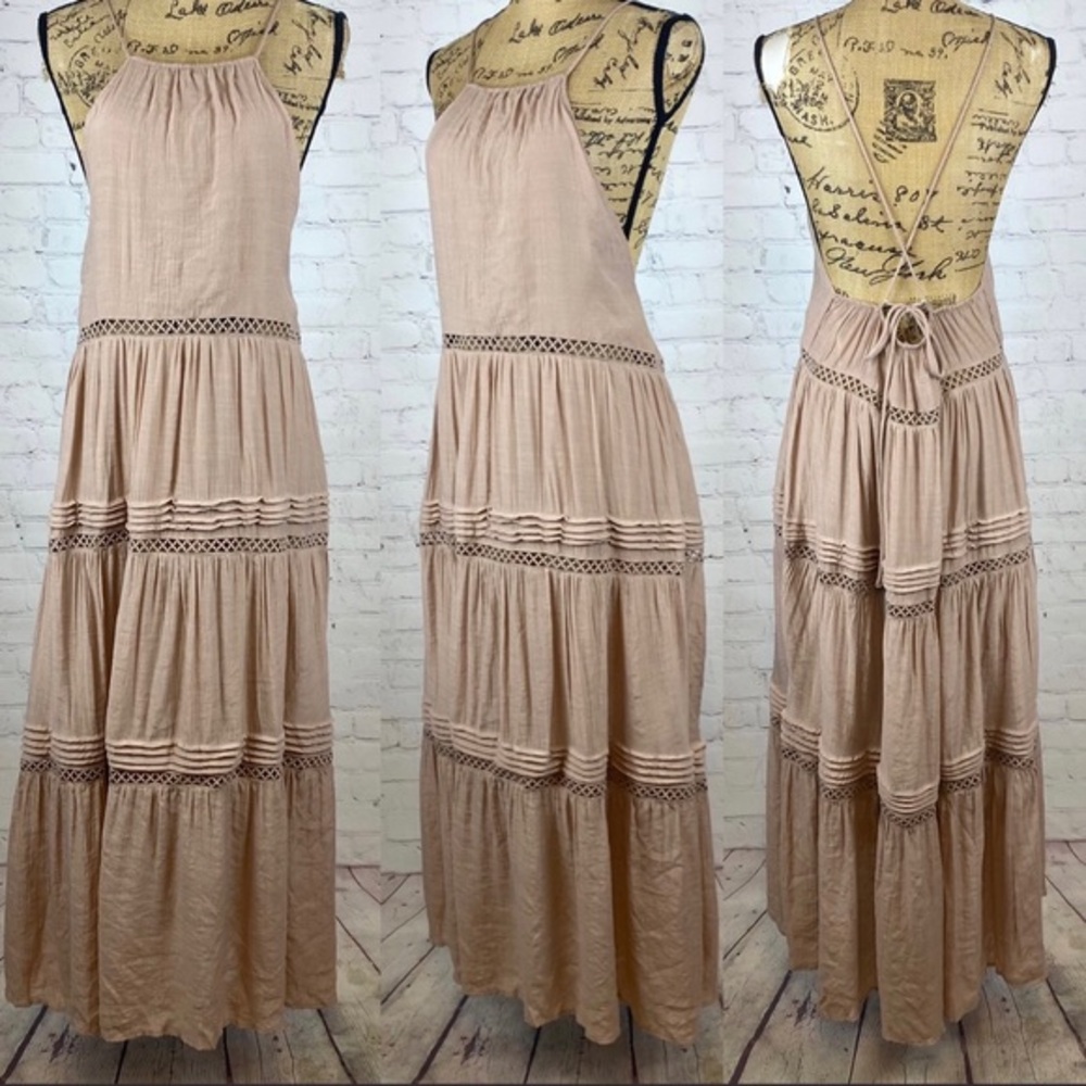 Fashion Nova Crinkly Taupe Multi Tier Open Back Maxi